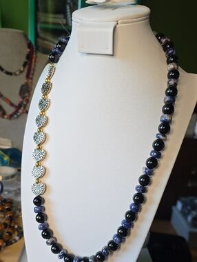Handcrafted Blue Bead and Silver Heart Necklace